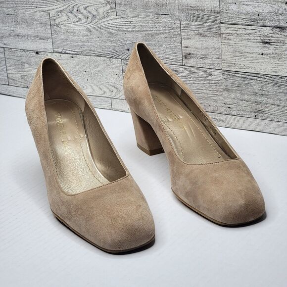 Stuart Weitzman Marymid Beige Suede Block Heel Pump 8.5 Career Money Minimalist - Picture 1 of 11